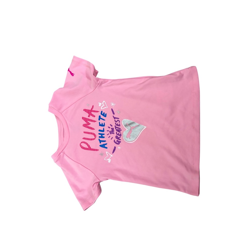 Puma Athlete T-Shirt Girls 3T Pink Silver Short Sleeve Graphic Tee Top (A613)